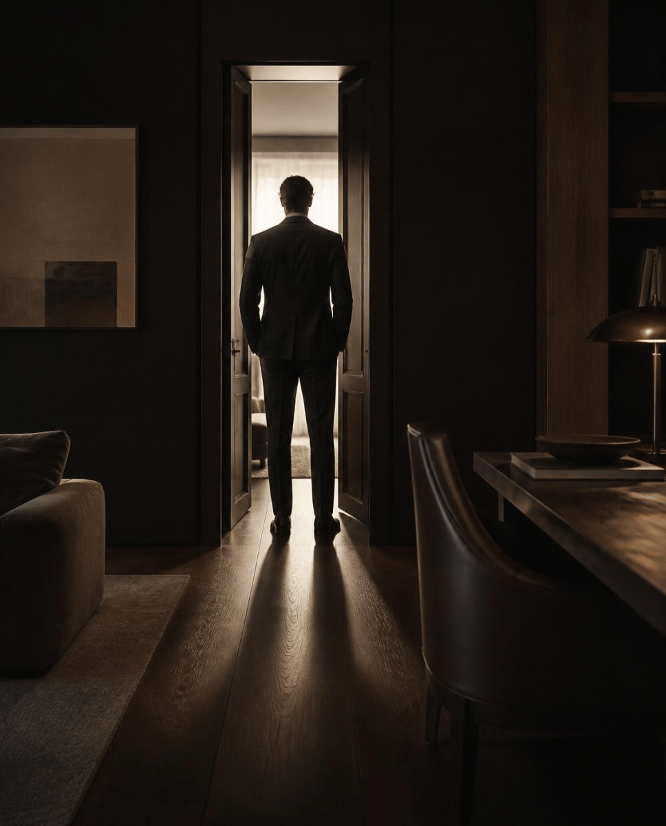 Founder standing in a doorway, blocking the light behind him: a visual of the owner as the bottleneck in their own business.