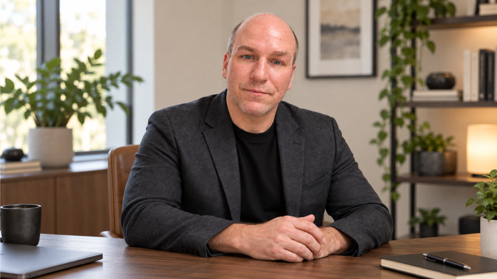 A man in a charcoal blazer and black T-shirt sits at a walnut desk with his hands clasped, looking directly at the camera in a bright, modern office.