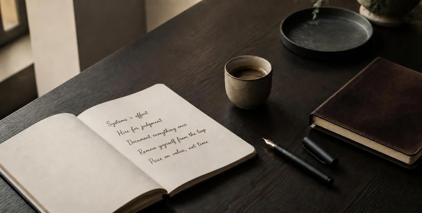 Founder's desk with an open notebook listing business principles: systems over effort, hire for judgment, document everything once, remove yourself from the loop, price on value.