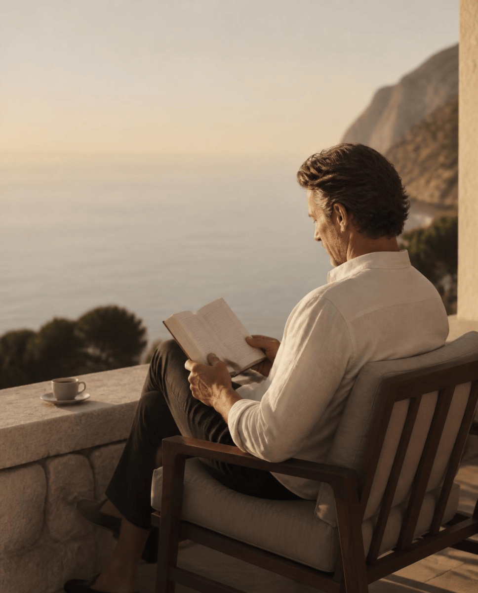 Successful founder relaxing on a terrace overlooking the sea with a book and espresso, free from the day-to-day of his business.
