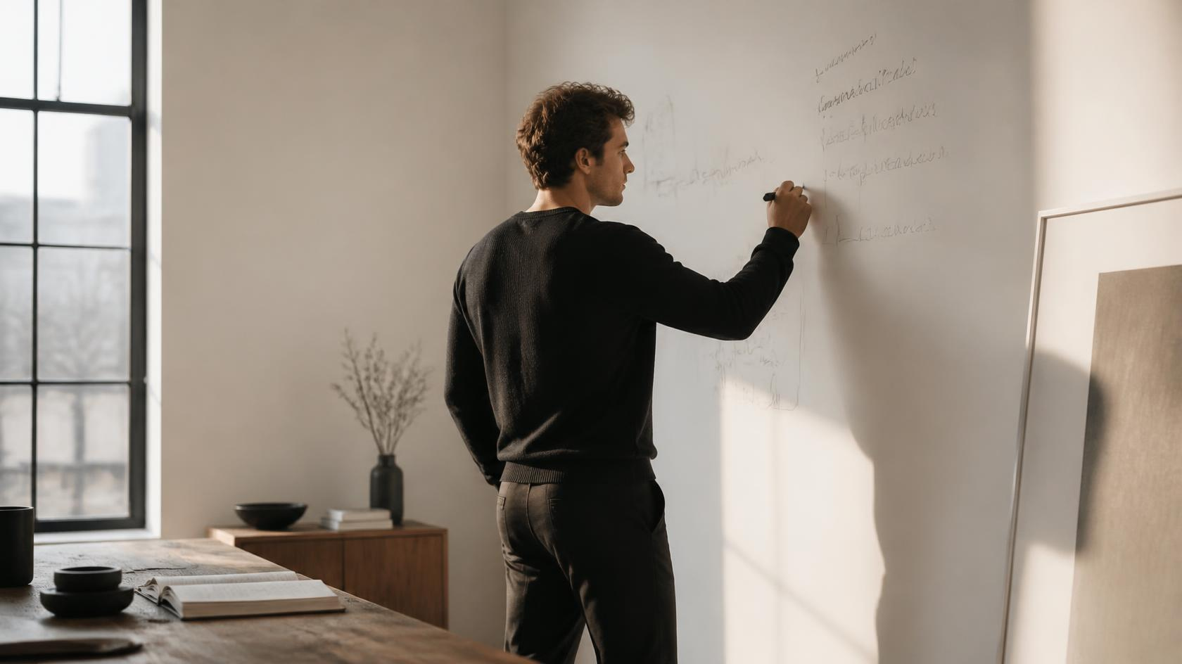 A founder writes ideas with a black marker on a white wall in a sunlit, minimalist studio.