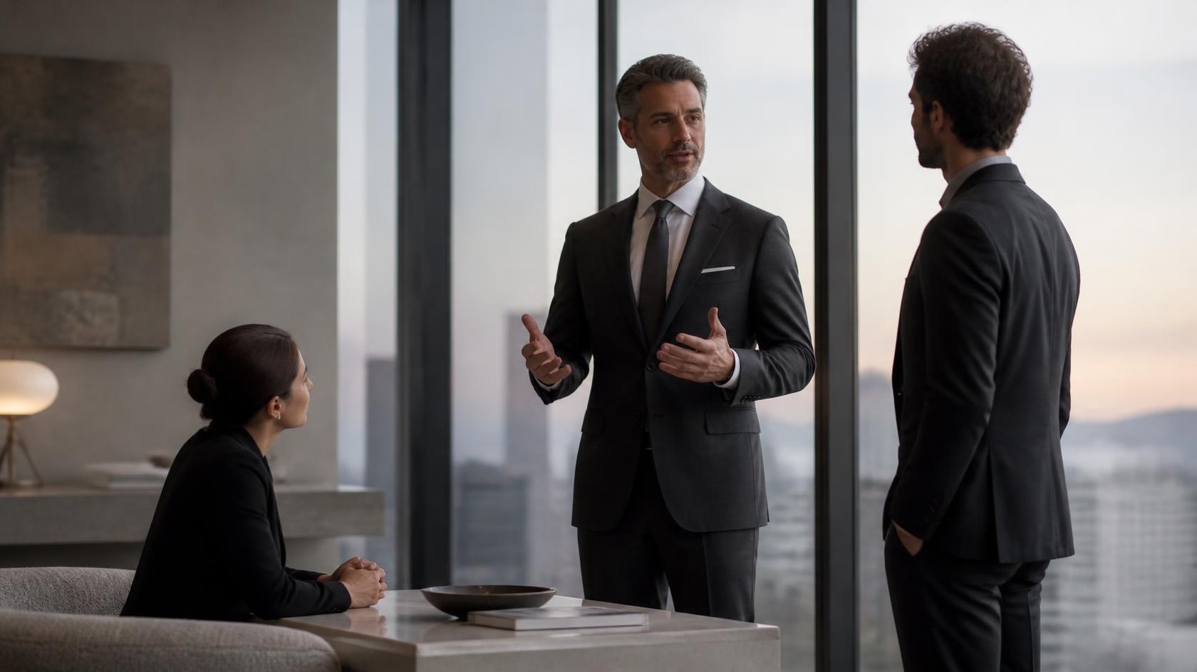 A leader in a charcoal suit speaks calmly with two colleagues, one seated and one standing, in a minimalist office at dawn.