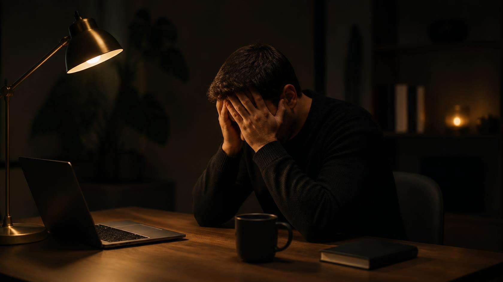 Exhausted founder in a black sweater with his head in his hands at a walnut desk, lit by a single warm desk lamp beside a glowing laptop, black mug and leather notebook