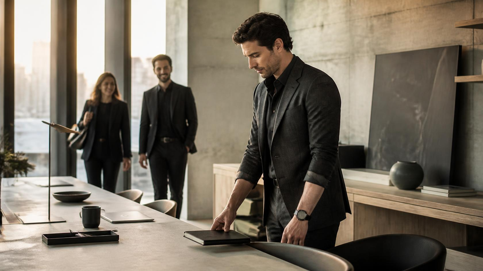 A founder in a charcoal suit prepares at a long table in a minimalist office at dawn as two colleagues walk in behind him.