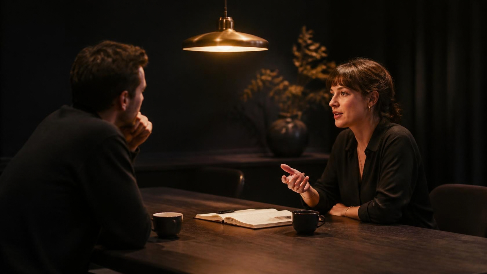 Two professionals in a focused conversation across a dark wooden table, lit by a single warm pendant lamp.