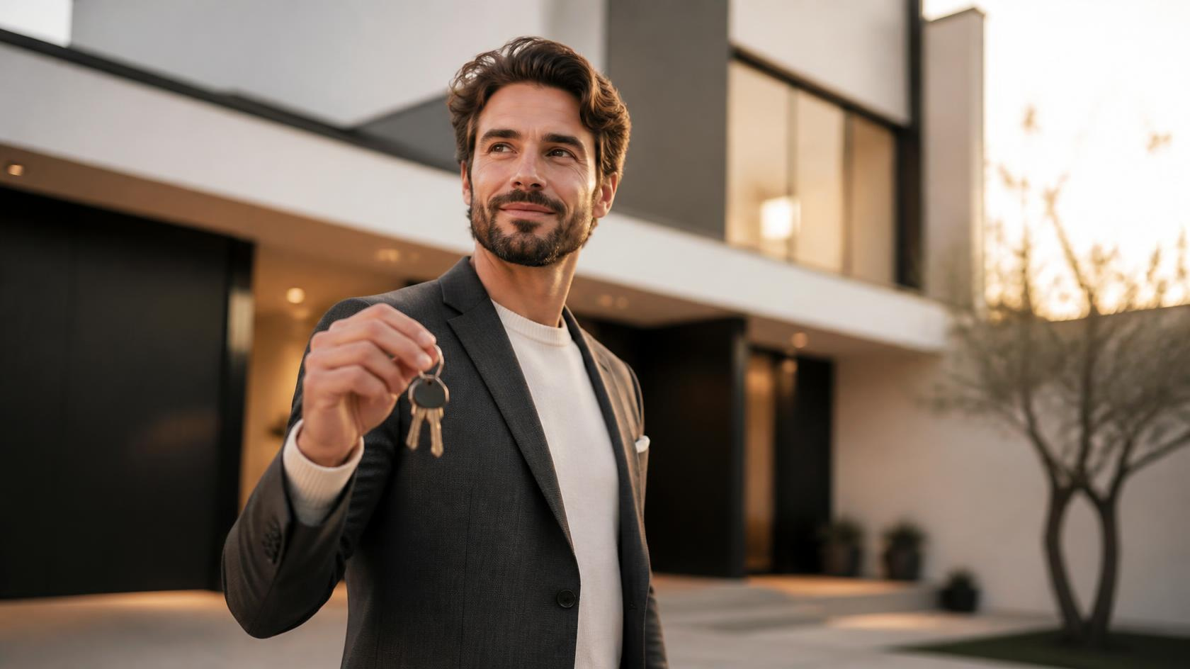 Person standing in front of a modern minimalist house at golden hour, holding a set of house keys in focus.