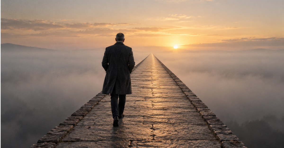 A man in a dark overcoat walks alone along a raised stone path above a sea of fog toward a rising sun on the horizon.