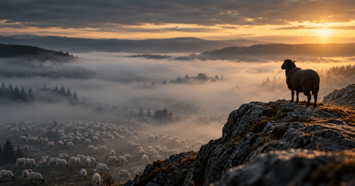 A lone black sheep stands on a rocky cliff at sunrise, looking out over a foggy valley where a white flock grazes below.
