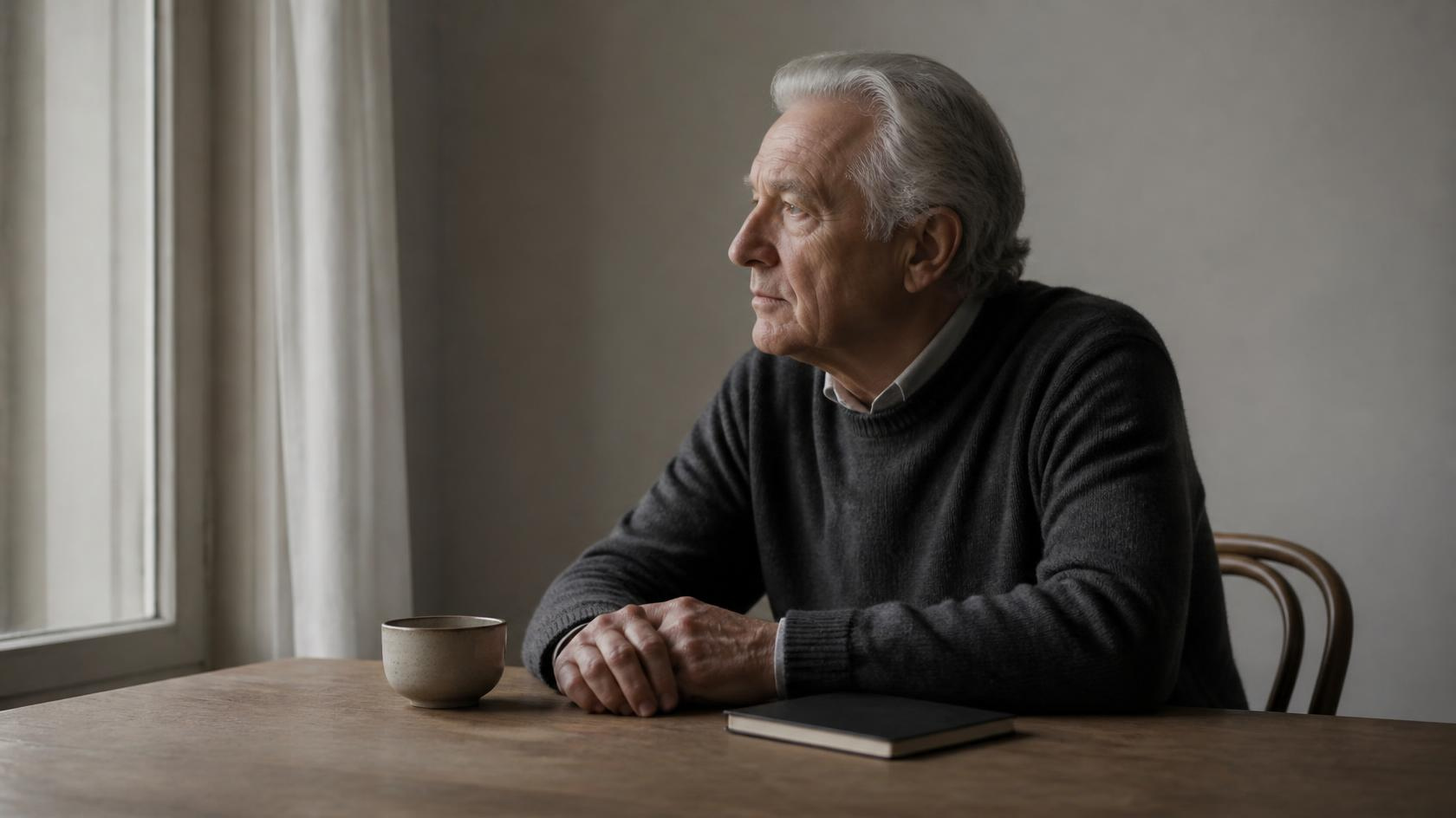 Elderly man sitting alone at a wooden table by a window in soft morning light, with a cup of coffee and a closed notebook in front of him.