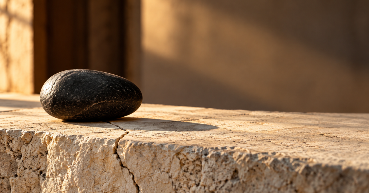 Smooth black stone resting intact on a cracked cream limestone ledge in warm window light