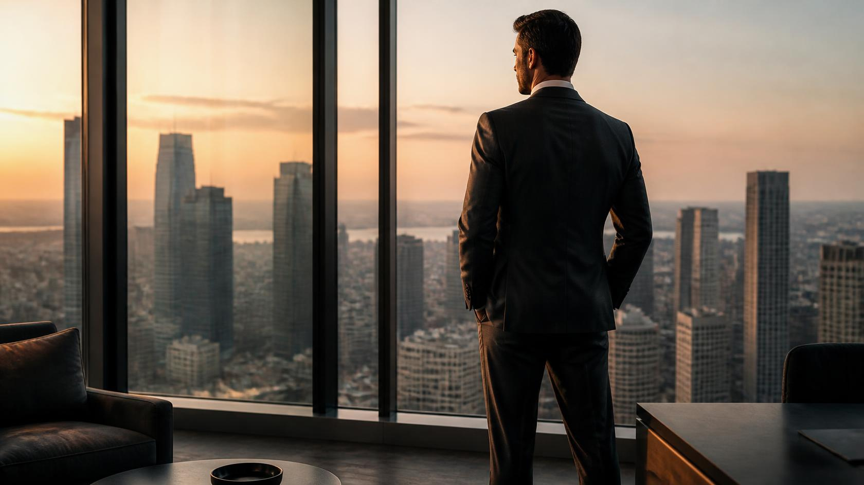 A man in a tailored charcoal suit stands with his hands in his pockets, looking out a high-rise office window over the city at golden hour.